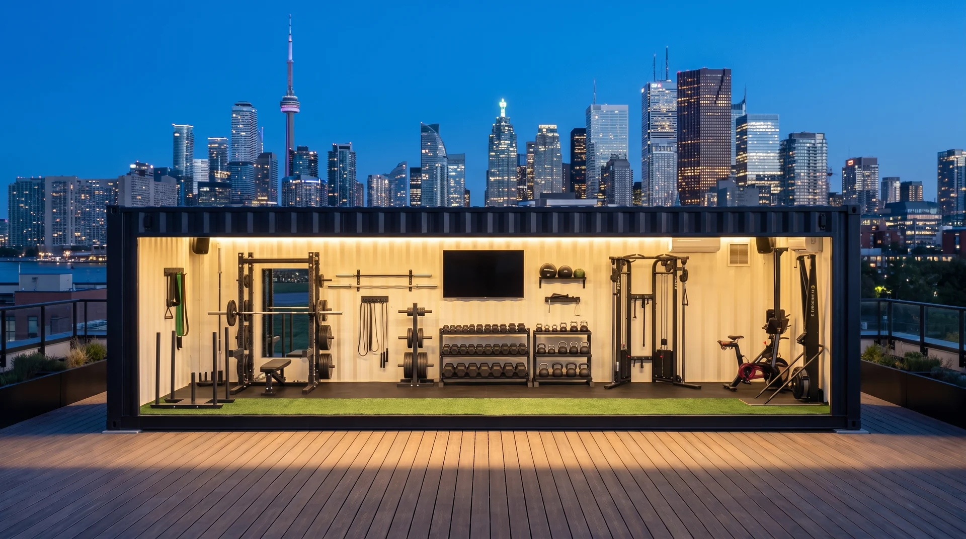 Lift Locker container gym as an amenity on a Toronto condominium roof deck at blue hour, city skyline behind, warm interior light spilling from the open side.