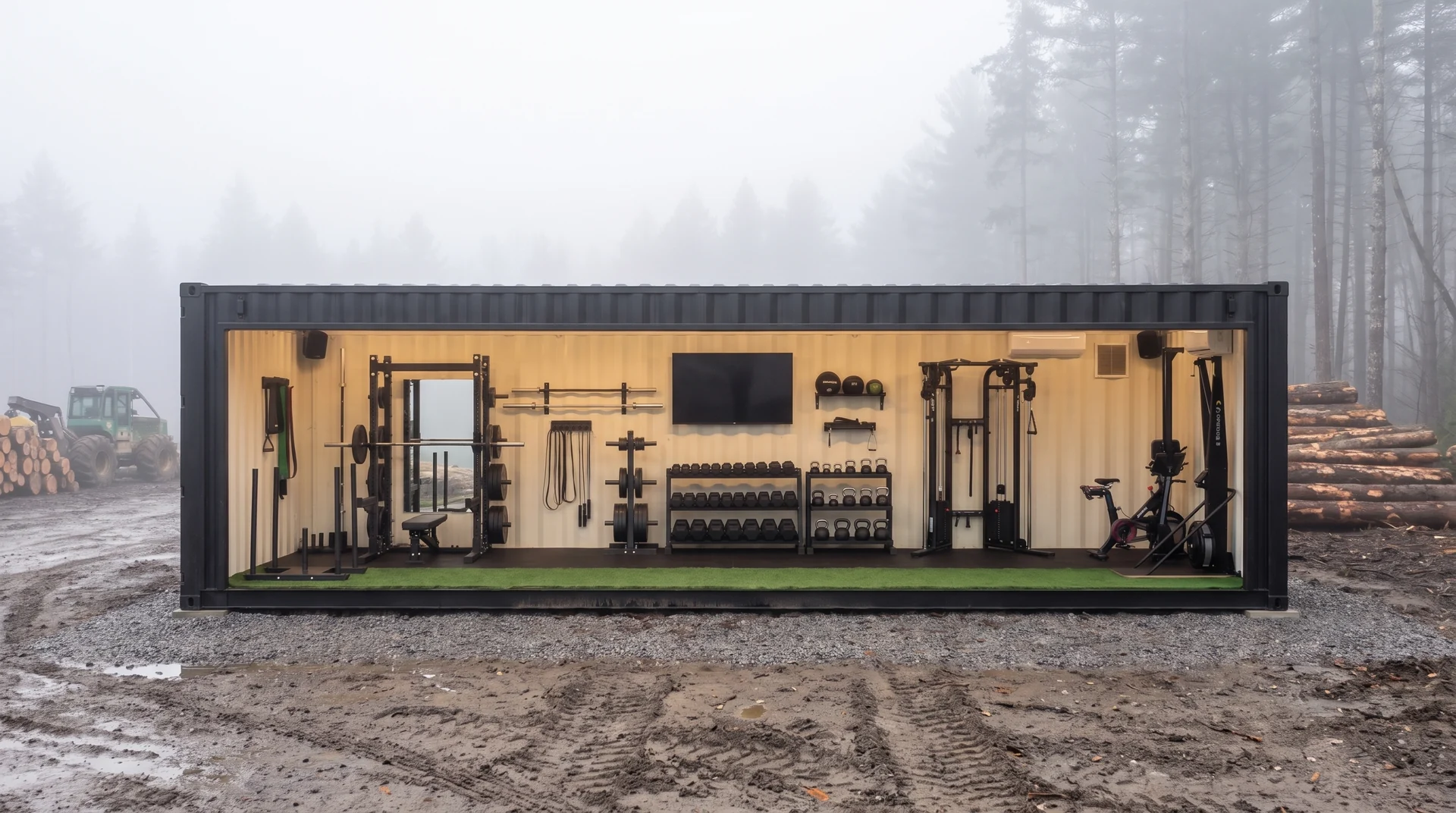 Lift Locker container gym on a gravel landing at an active logging operation in morning fog, stacked timber behind, warm interior lighting showing the gym equipment inside.