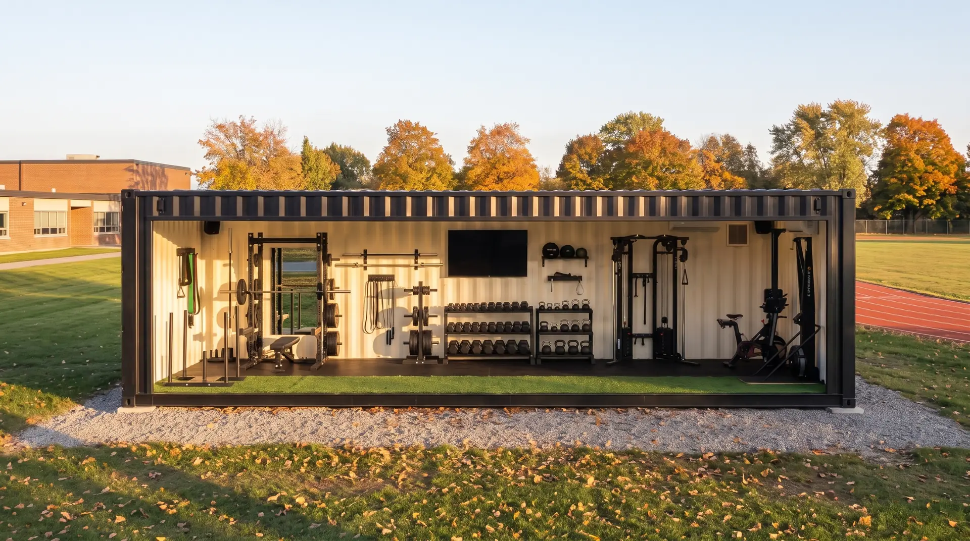 Lift Locker 40-foot black container gym sited beside a high school athletic field in autumn, side wall removed to show squat racks, turf sled track and cardio equipment inside.