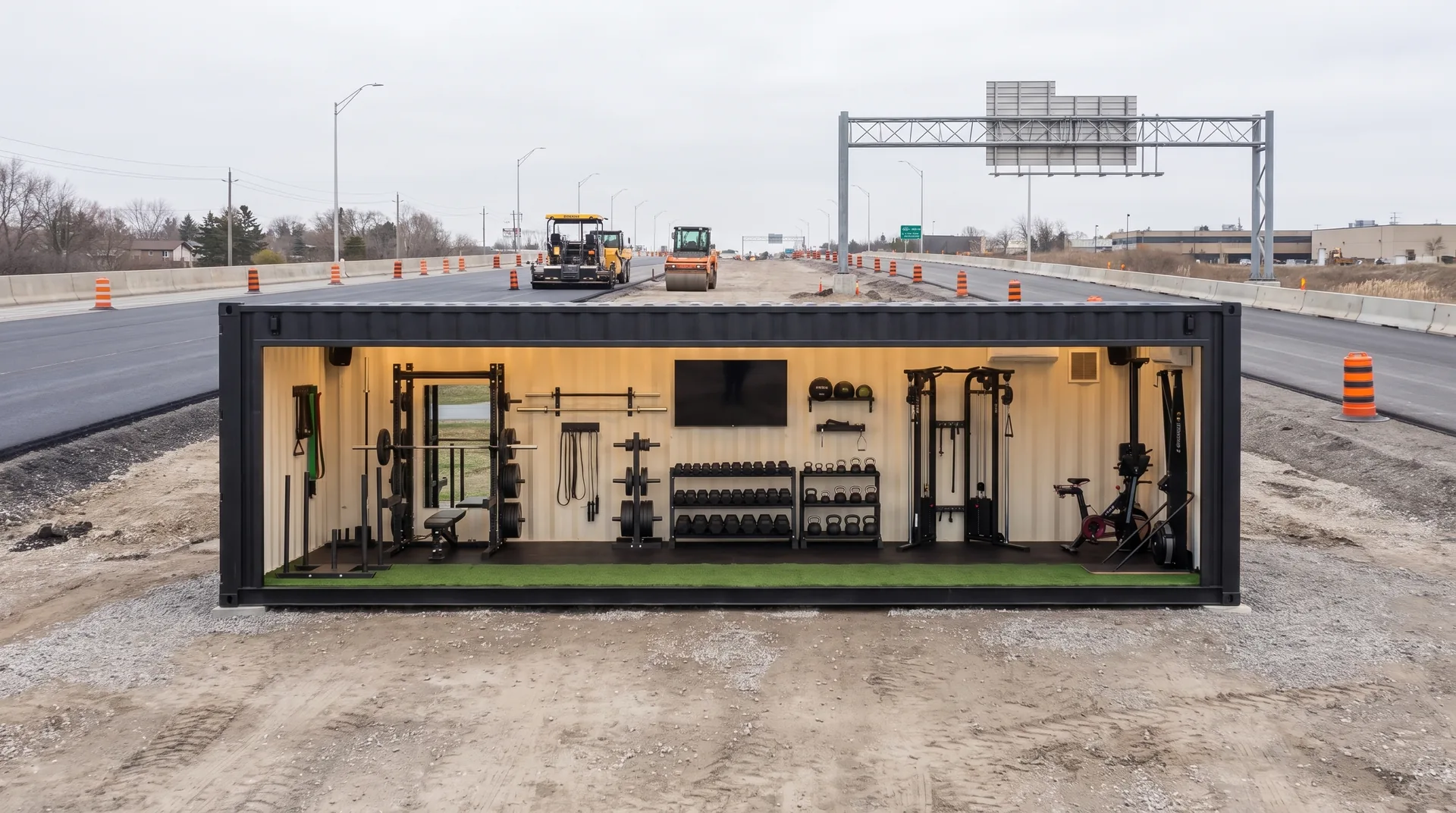 Lift Locker container gym inside a highway reconstruction compound, jersey barriers and plant equipment around it, full gym fit-out visible through the removed side wall.