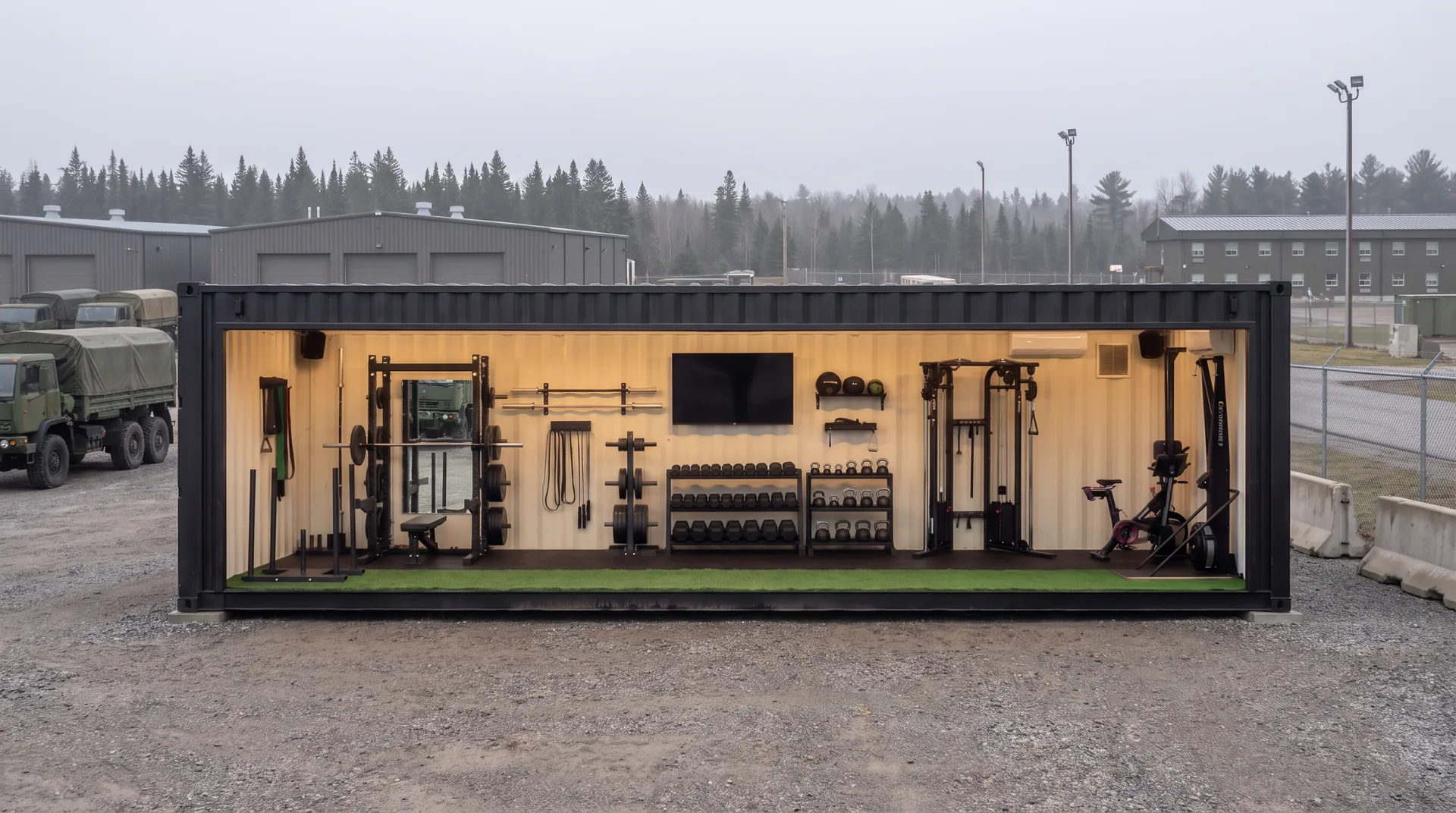 Lift Locker four-season container gym sited on a gravel pad at a Canadian military support installation, open side showing racks, dumbbells and cardio equipment.