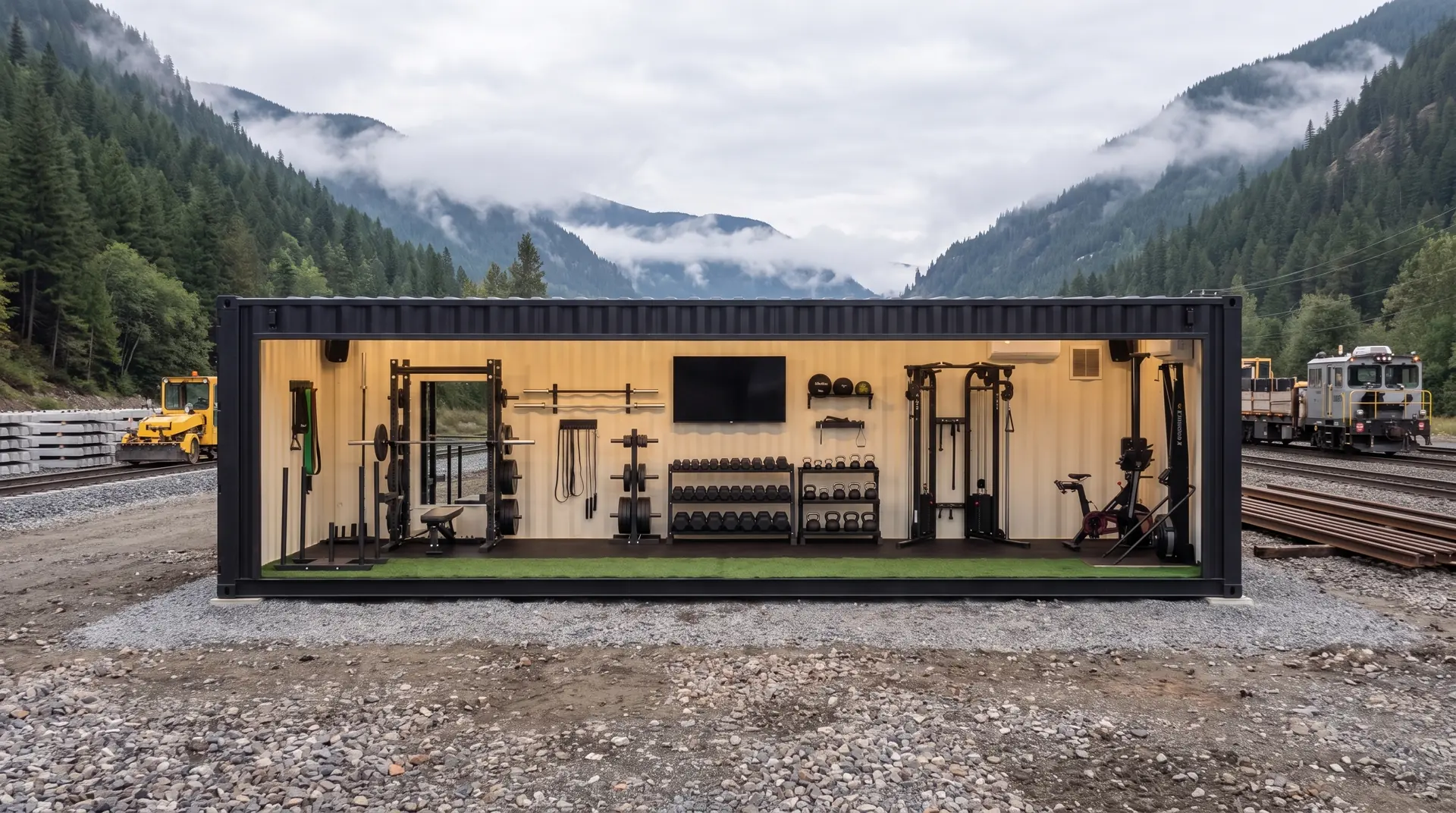 Lift Locker container gym beside a railway construction corridor in British Columbia, mountains behind, interior gym equipment visible in architectural cutaway.