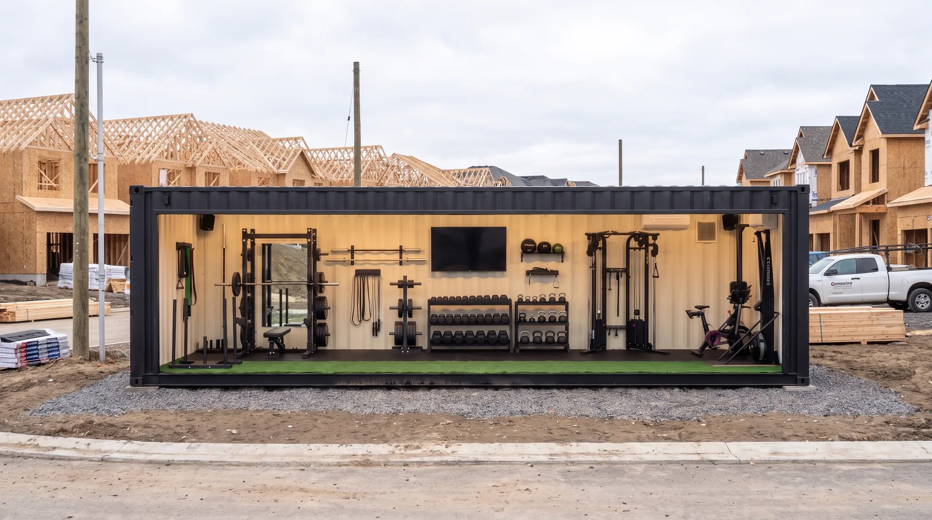 Lift Locker container gym on a residential construction site among timber-framed houses, open side showing a full strength and conditioning fit-out for trades crews.